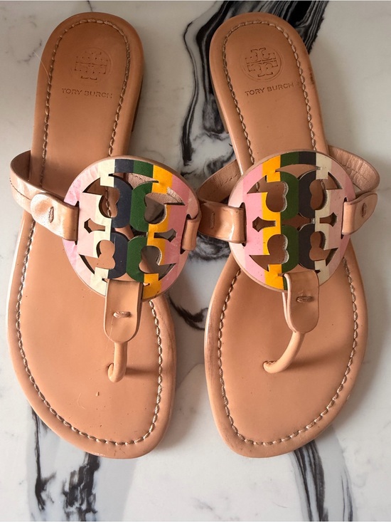 Tory Burch Shoes - Tory Burch Pink Tan Leather Logo Thong Sandals with Multicolor Medallions